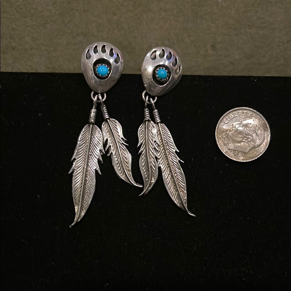 Sterling Silver Feather Earrings with Turquoise Accent